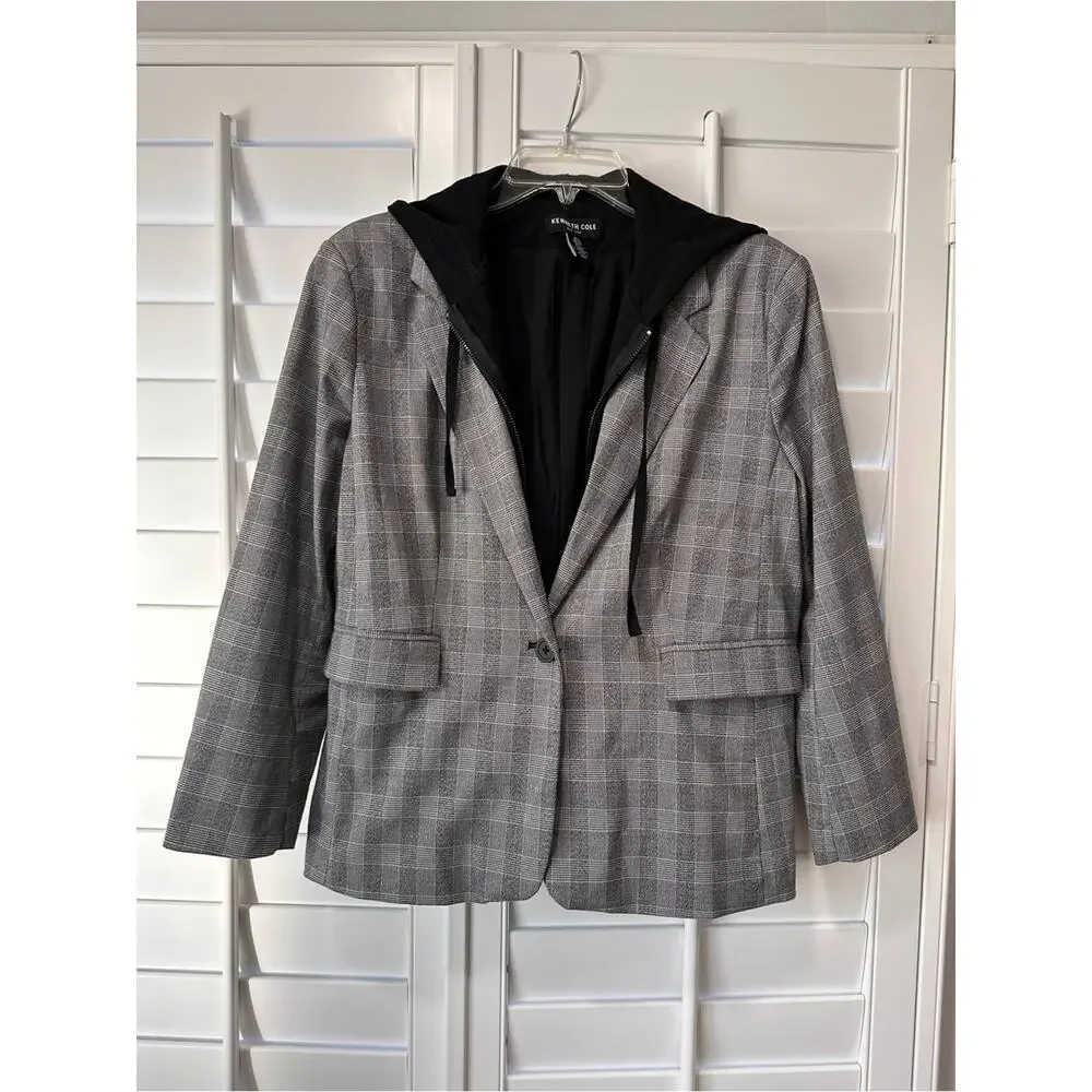 Kenneth Cole New York Glen Plaid Hooded Blazer Jacket Large Gray Black Stretch